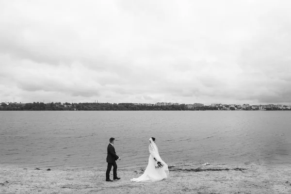 Mooie Bruidspaar Genieten Van Romantische Momenten Buurt Van Het Meer — Stockfoto