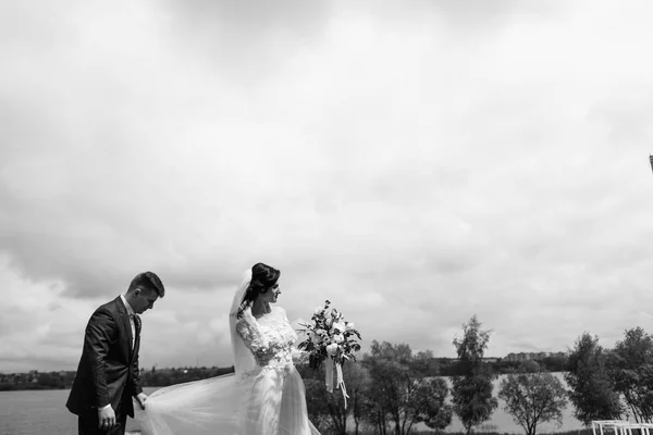 Szczęśliwy Młode Małżeństwo Tylko Ich Ślubu Pobliżu Jeziora — Zdjęcie stockowe