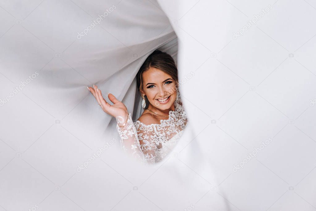 Portrait gorgeous young bride in elegant dress posing 