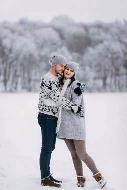 Romantik Çift kış parkta kucaklayan