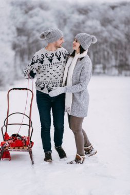 Kucaklayan ve kızak kış Park yakınında duran Romantik Çift