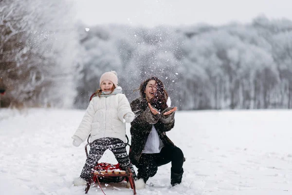 Dziewczyny Zabawy Śniegu Zimie Park — Zdjęcie stockowe