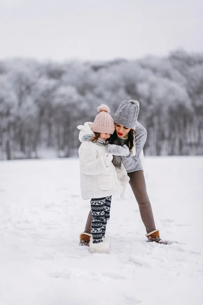 Mulher Abraçando Menina Parque Inverno — Fotografia de Stock