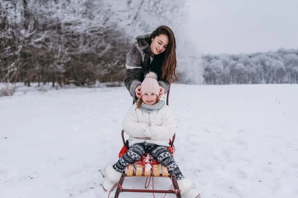 Smaller Sister Sitting Sleigh Elder Sister Standing — Stock Photo, Image