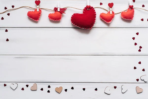 Composition Five Red Hearts Attached Clothespins Rope Wooden Planks Background — Stock Photo, Image