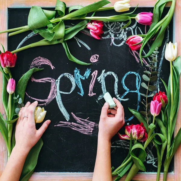 Woman Writing Spring Lettering Black Chalk Board Tulips Background — Stock Photo, Image