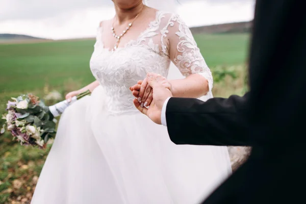 Vista Recortada Pareja Recién Casados Caminando Por Campo Tomados Mano — Foto de Stock