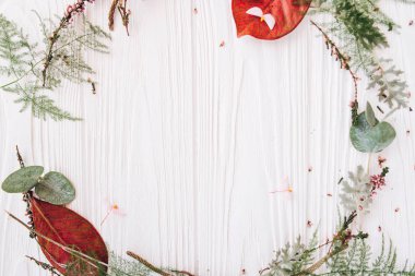 İle yuvarlak çerçeve çiçek yaprakları, kaynaklanıyor, tomurcukları ve ahşap plakalar arka plan üzerinde kopya alanı