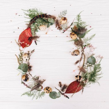 Yaprakları, sapları ve tomurcukları, bıldırcın yumurtası ve ahşap plakalar arka plan tüyler yuvarlak çerçeve çiçek