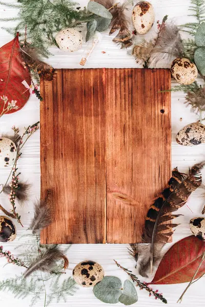 圆的花框架与叶子 茎和芽 鹌鹑蛋并且羽毛用木板在木板背景上 — 图库照片