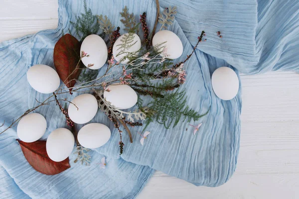 白色蛋的特写 上面放着芽和茎的蓝色披肩 — 图库照片