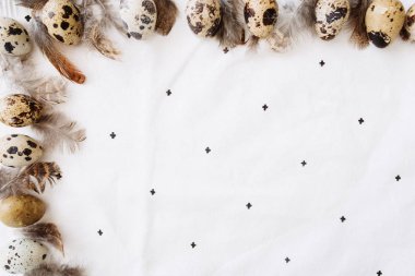 Bıldırcın yumurtası ve tüyler sivilceli Tekstil arka plan üzerinde sağ kenarı ile dekoratif kompozisyon