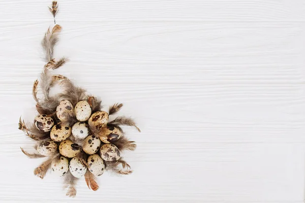 Composition Pile Left Side Quail Eggs Feathers White Wooden Background — Stock Photo, Image