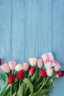 Hediye kutusu ile mavi ahşap arka plan alt satırındaki döşeme renkli Lale çiçek kompozisyon