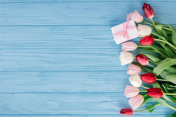 Floral composition of colourful tulips laying in row on right side on blue wooden background with gift box