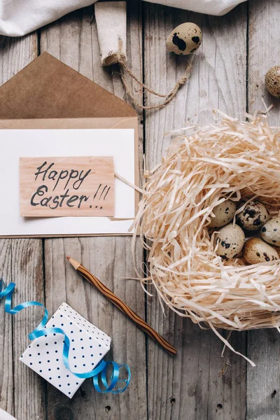 Umschlag Von Oben Brief Mit Frohem Osteraufdruck Bleistift Nest Wachteleier — Stockfoto