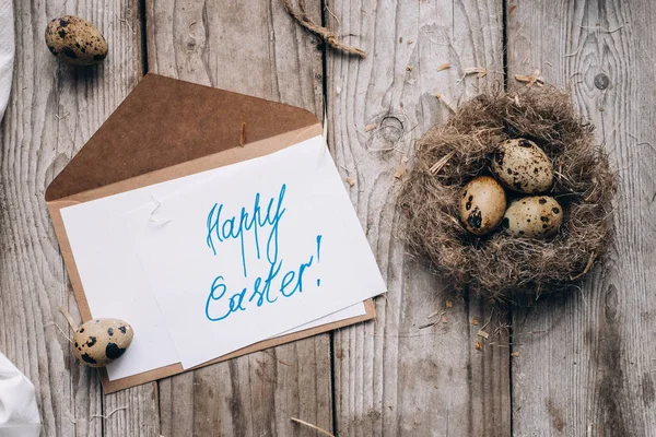 Umschlag Von Oben Brief Mit Frohem Osteraufdruck Wachtelnest Eier Stoff — Stockfoto