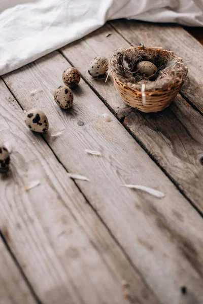 Bıldırcın Yumurtası Yuva Fırça Kumaş Tüyler Ile Şenlikli Kompozisyon Görünümü — Stok fotoğraf