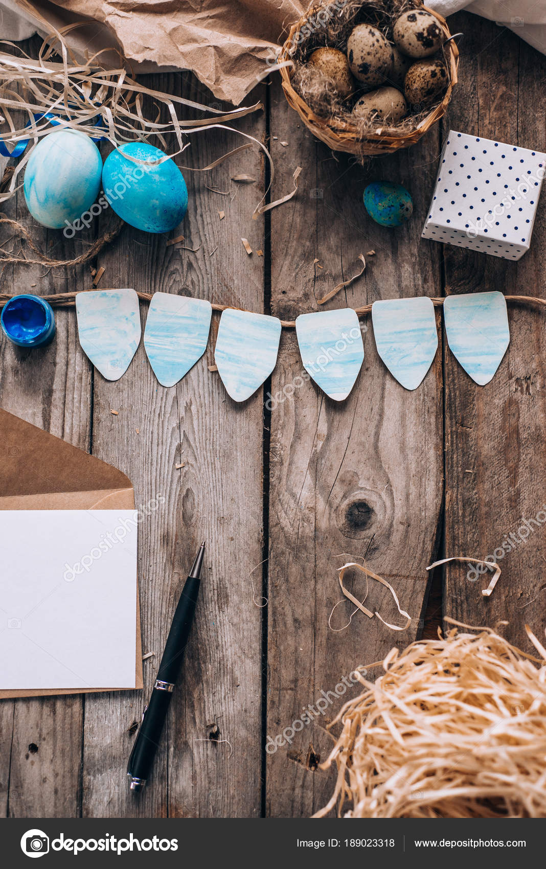 Top View Envelope Clear Letter Pen Blue Coloured Eggs Straw — Stock