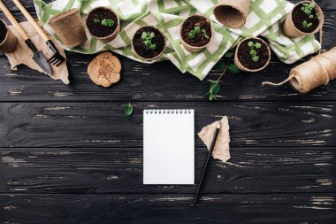 Havlu, Çiçeklik, yeşil lahanası, kürek ile kompozisyon Bahçe, komisyon, sawed ahşap, iplik, defter kalem Merkezi'nde siyah ahşap zemin üzerine ile