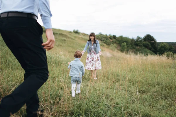 Familjen Leker Med Lilla Dotter Ängen — Stockfoto