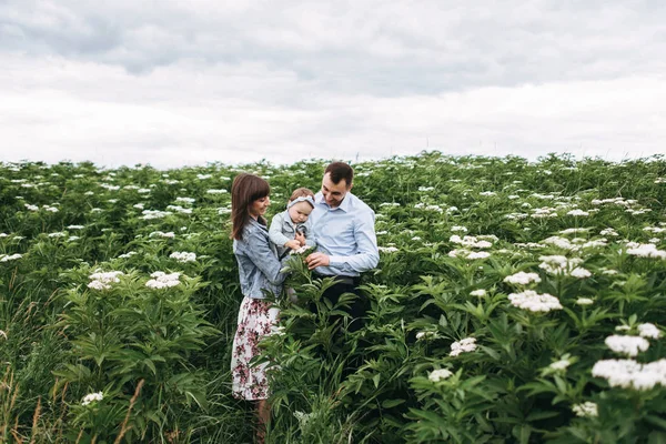 Lyckliga Föräldrar Står Tillsammans Och Kramas Dotter Blommande Fält — Stockfoto