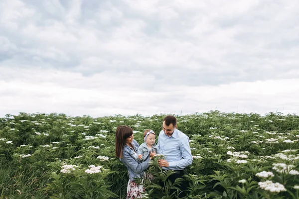 Happy Parents Standing Together Hugging Daughter Flowering Field — Stock Photo, Image