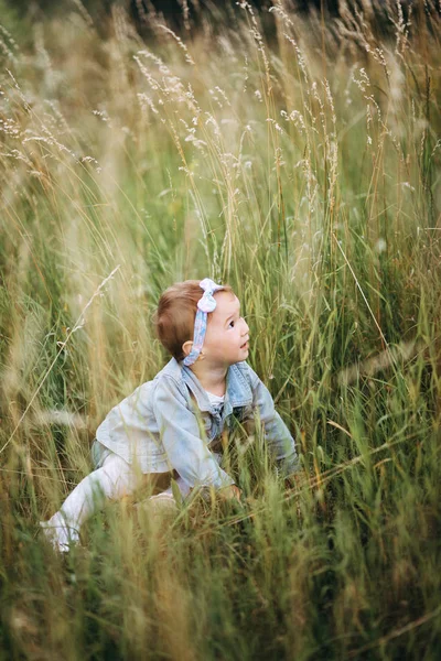 Cute Girl Denim Clothes Sitting Wheat Field — Stock Photo, Image