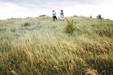 Arkadan görünüş ailesinin çayır üzerinde karanlık günde yürüyüş