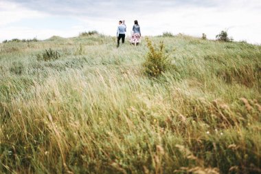 Arkadan görünüş ailesinin çayır üzerinde karanlık günde yürüyüş