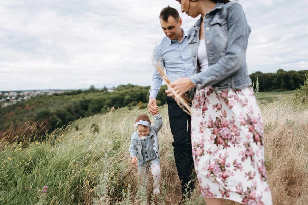 Young Family Enjoying Time Walking Field Together Woman Holding Wheat — Stock Photo, Image