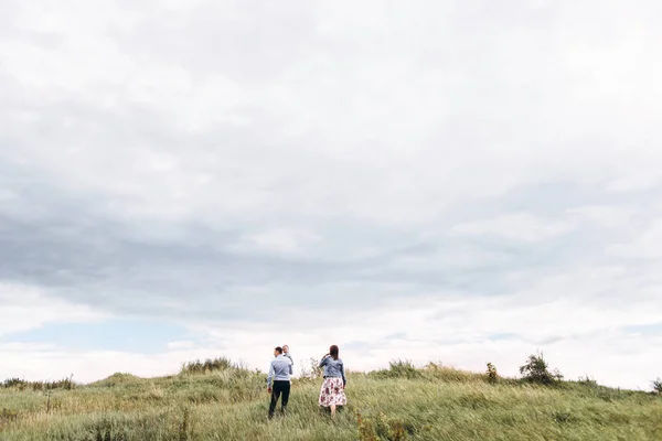 Rückansicht Einer Familie Die Trüben Tagen Auf Einer Wiese Spaziert — Stockfoto