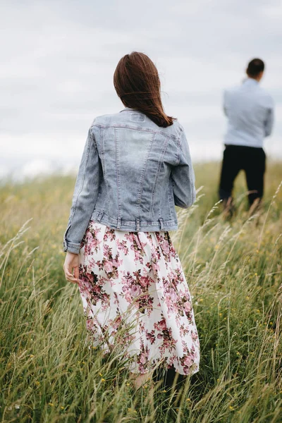 Rückansicht Der Familie Beim Spazierengehen Auf Der Wiese — Stockfoto