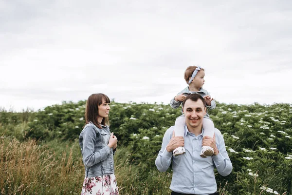 Pohled Rodinné Procházky Louce Muž Který Držel Dcera Ramenou — Stock fotografie