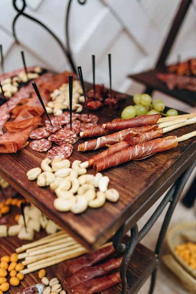 Closeup Different Delicious Snacks Served Wooden Stands — Stock Photo, Image