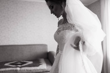 Evde düğün günü için hazırlanıyor gelin portresi