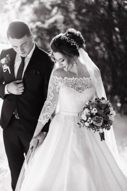 Çayır tarafından yürüyüş ve kış günde elele damat ile gelin