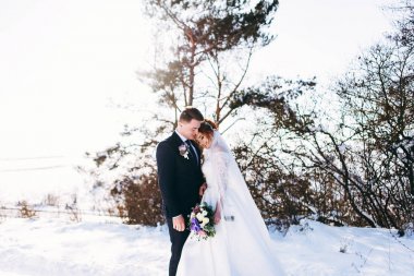Dışarıda kış günde sarılma romantik yeni evliler 
