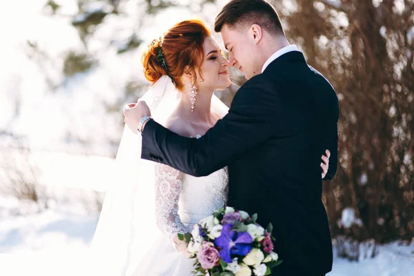 Románticos Recién Casados Abrazándose Afuera Día Invierno —  Fotos de Stock