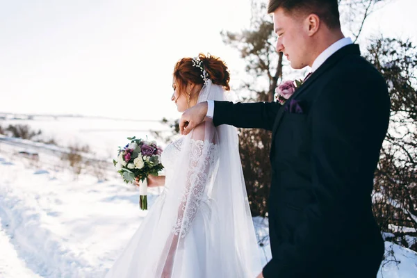 Bonitos Recém Casados Desfrutando Tempo Juntos Fora Dia Inverno — Fotografia de Stock