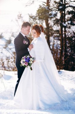 Dışarıda kış günde sarılma romantik yeni evliler 