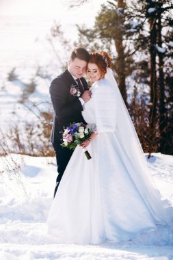 Dışarıda kış günde sarılma romantik yeni evliler 