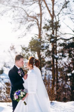 Dışarıda kış günde sarılma romantik yeni evliler 