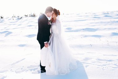 Dışarıda kış günde sarılma romantik yeni evliler 