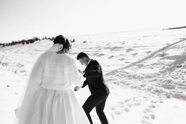Noiva Com Noivo Andando Pelo Prado Mãos Dadas Dia Inverno — Fotografia de Stock