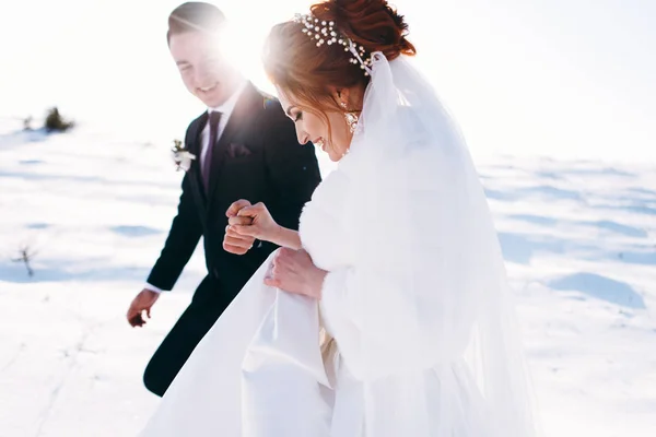 Menyasszony Vőlegény Gyaloglás Rét Tárolás Kezek Ban Téli Napon — Stock Fotó