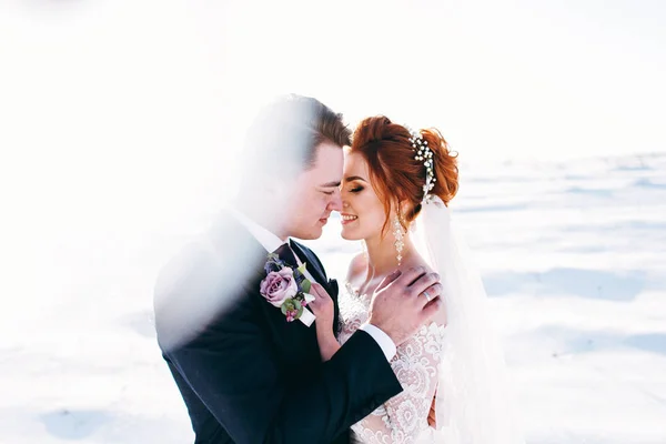 Románticos Recién Casados Abrazándose Afuera Día Invierno —  Fotos de Stock