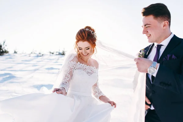 Bruden Med Brudgummen Walking Äng Och Roligt Vinterdag — Stockfoto