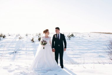Çayır tarafından yürüyüş ve kış günde elele damat ile gelin