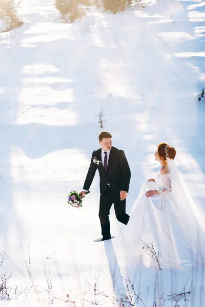 Menyasszony Vőlegény Gyaloglás Rét Szórakozás Téli Nap — Stock Fotó